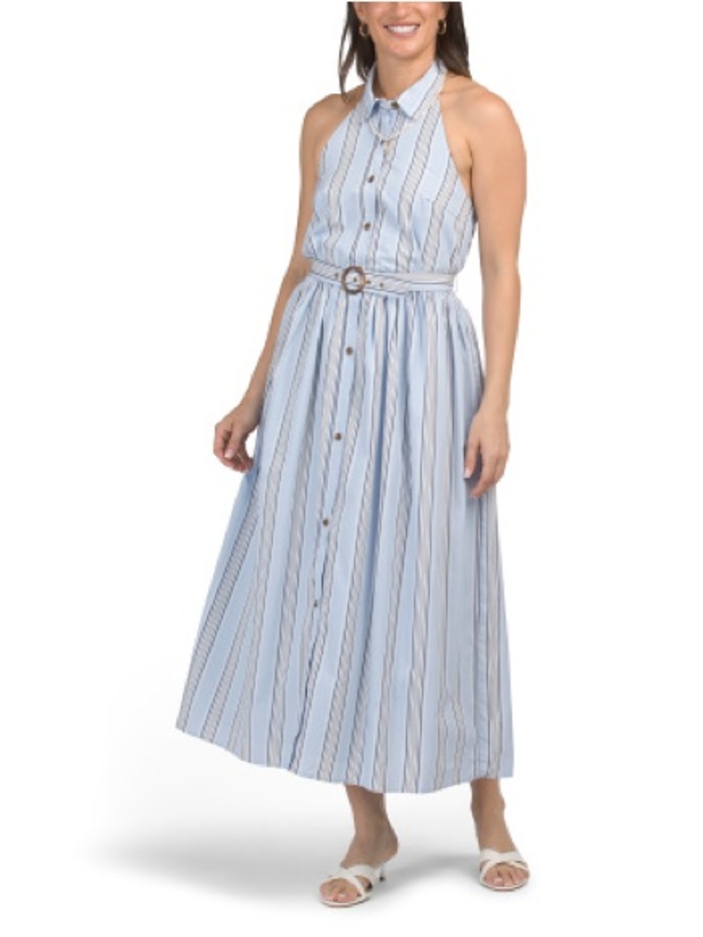 Sperry Light Blue and White Striped Halter Button-Front Maxi Dress